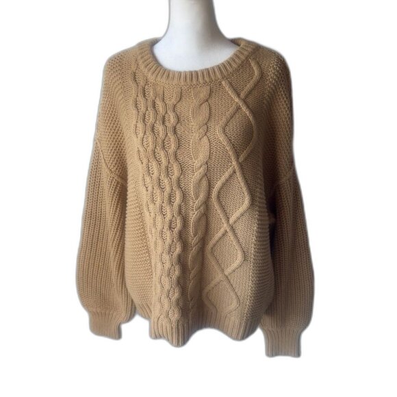 Free People Women’s M Sweater Camel Cable Knit Drop Shoulder Cotton Blend NWT - Picture 1 of 8